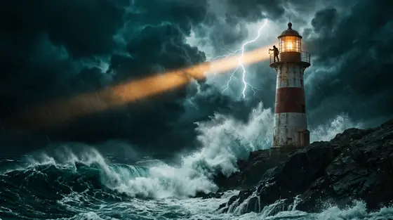 Clip generado: faro en plena tormenta nocturna.