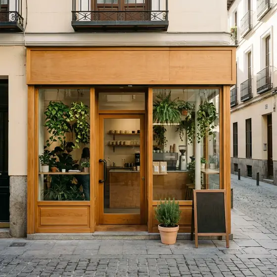 Fachada exterior de la cafetería, generada por IA.