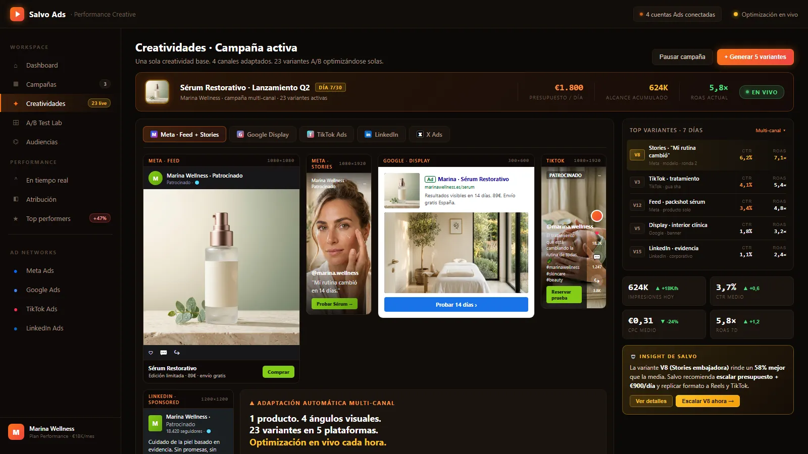 Interfaz de Salvo Ads: generador de creatividades publicitarias multi-canal con variaciones.